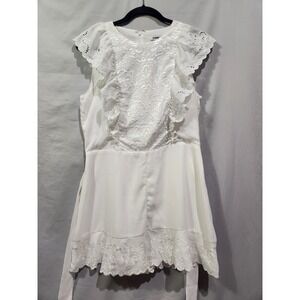 Express Embroidered Belted Ruffle Short Romper White Belted ZipUp Back Med Bride